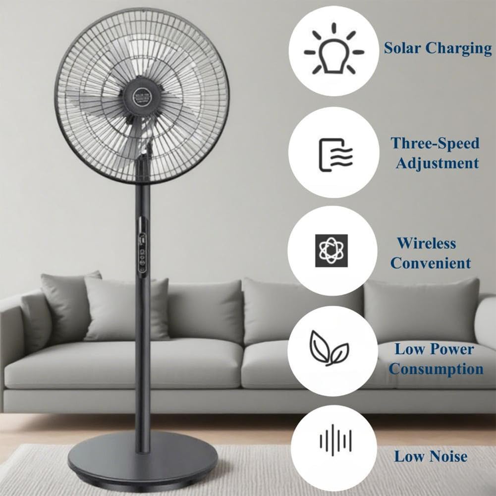 Oscillating Pedestal Fan with Remote, Solar Rechargeable, 3 Speeds, 16in, White E270