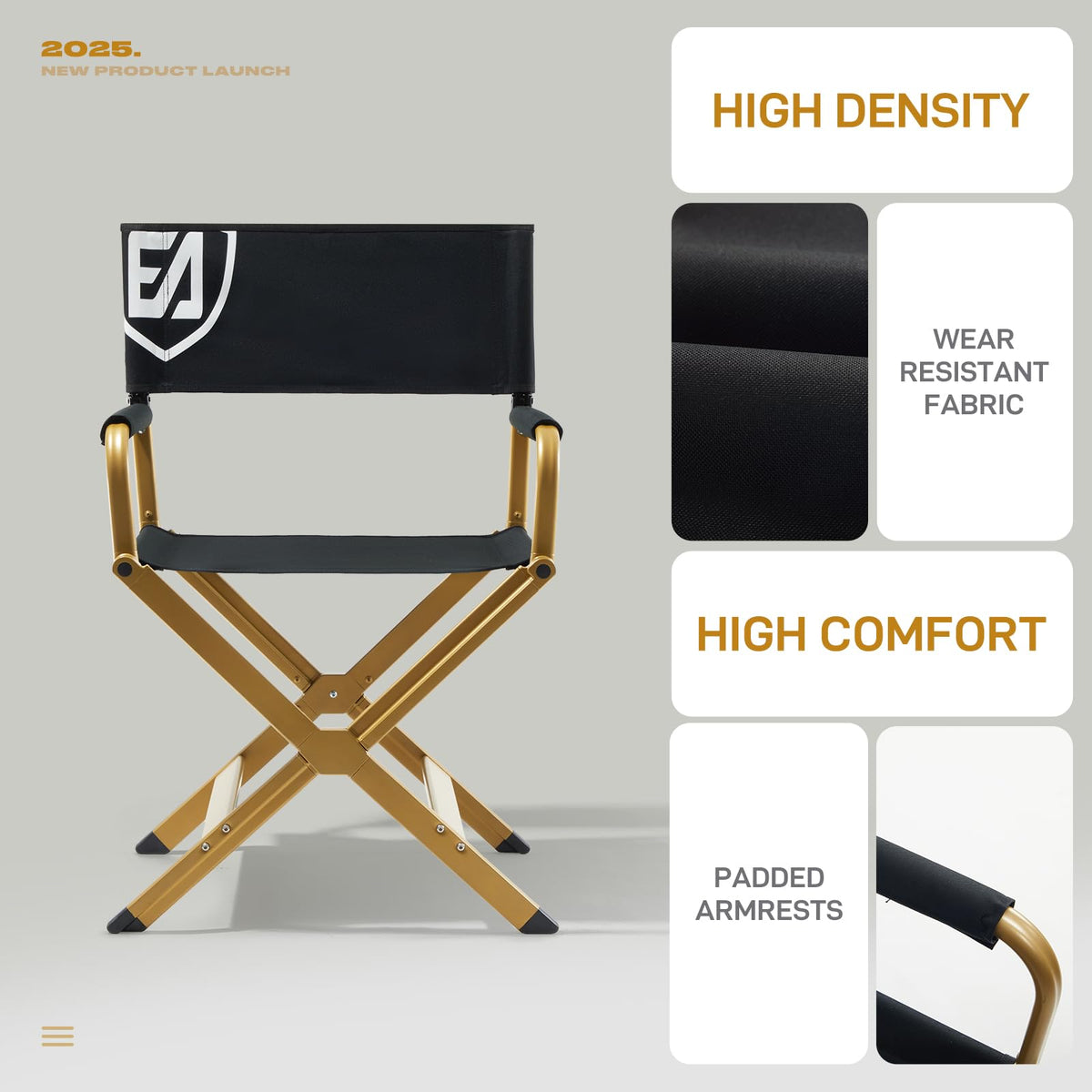 Aluminum Folding Directors Chair 19" Seat Height Black Fabric Golden Frame H14165