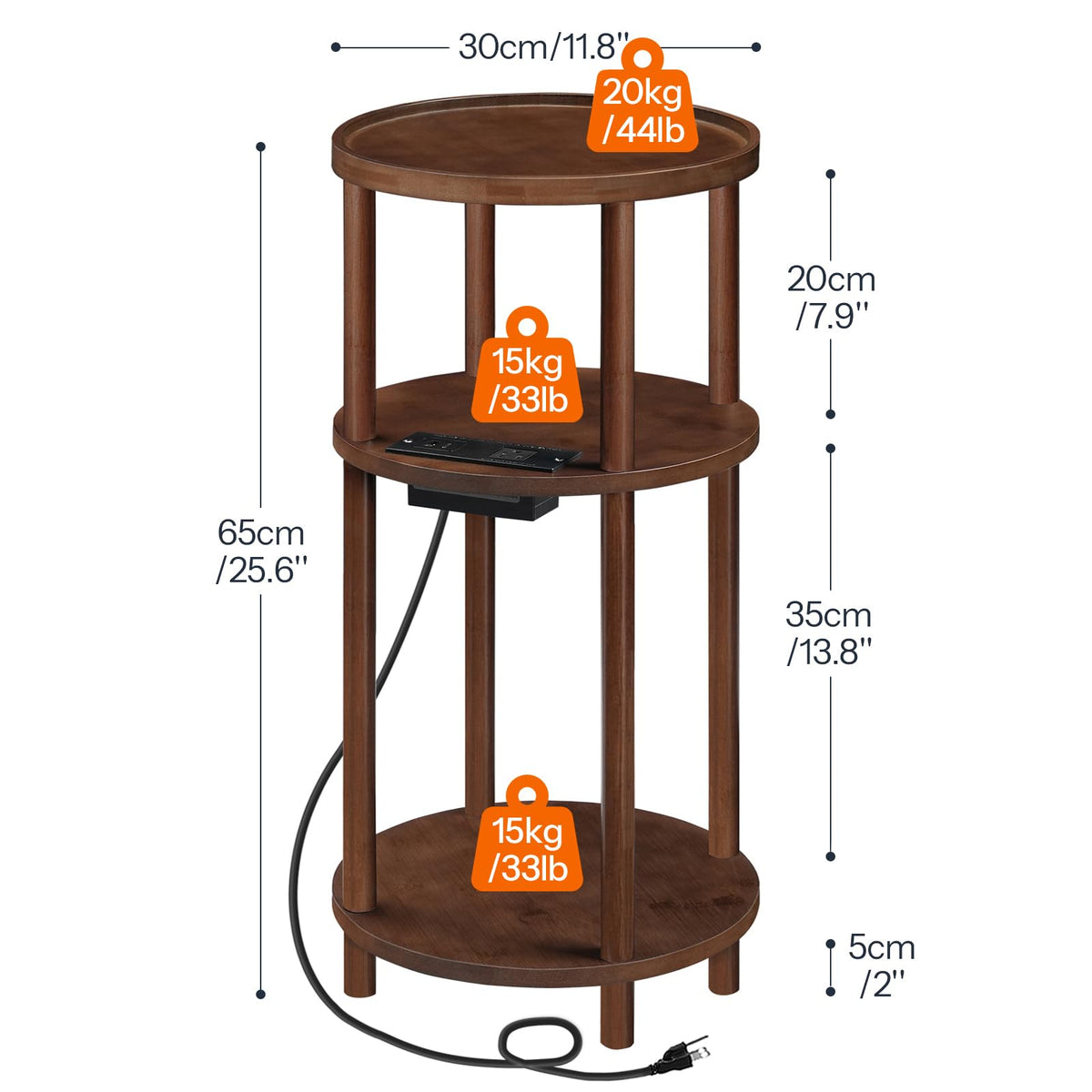 Set of 2 Round Bamboo Side Tables with Charging Station O320