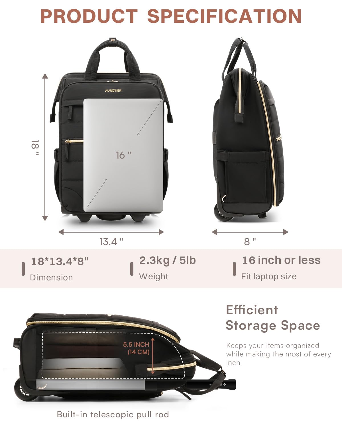 Rolling Puffer Laptop Bag Set with Wheels, 16 Inch Underseat Carry on Luggage P195