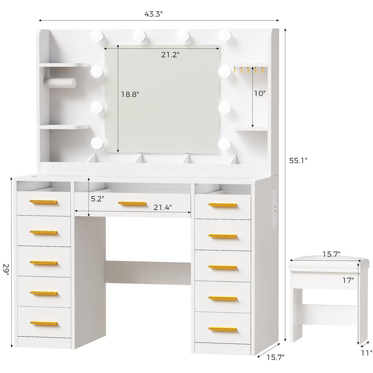 Large 11 Drawer Makeup Vanity with Mirror and Lights X407