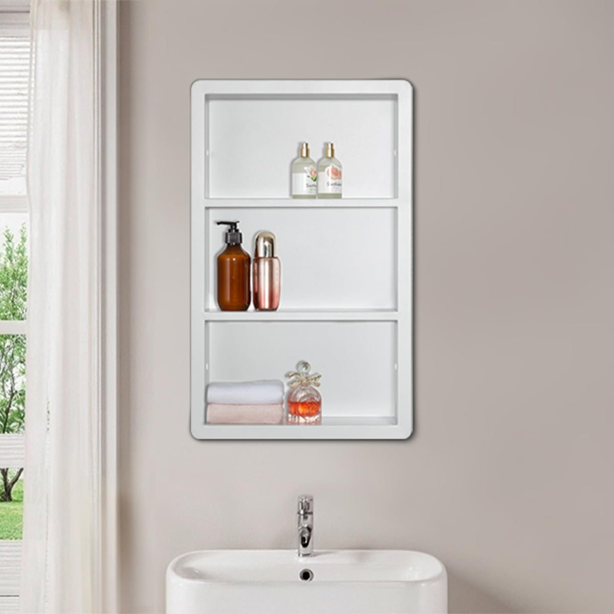 14x24 Matte White Stainless Steel Recessed Medicine Cabinet with 2 Shelves N237588