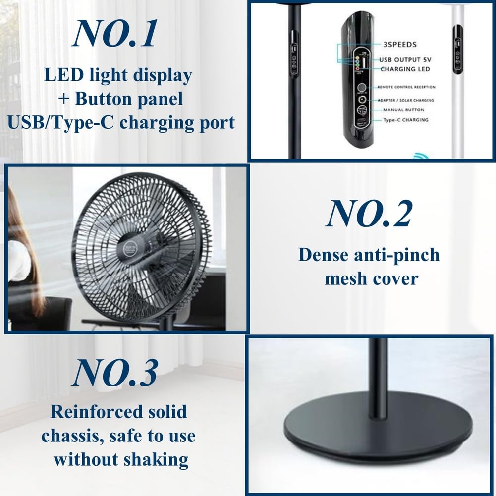 Oscillating Pedestal Fan with Remote, Solar Rechargeable, 3 Speeds, 16in, White E270