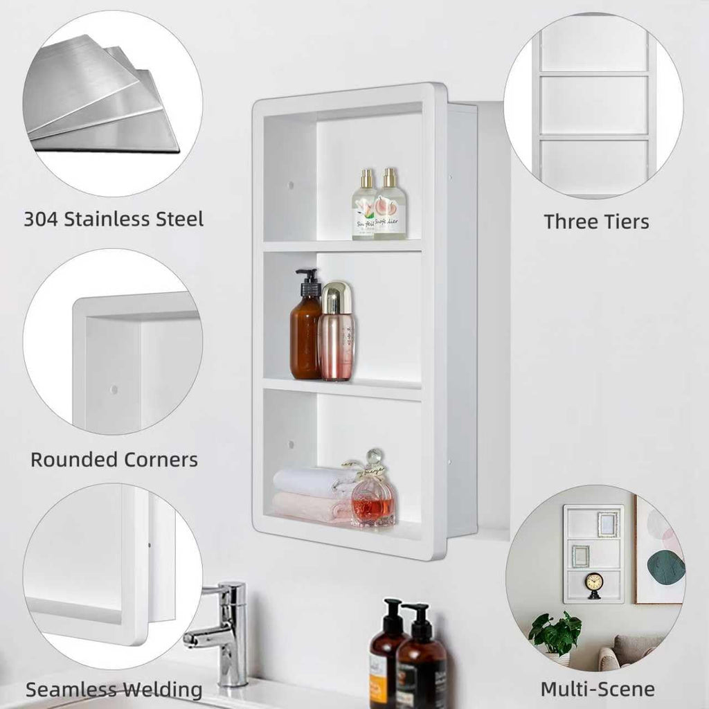 14x24 Matte White Stainless Steel Recessed Medicine Cabinet with 2 Shelves N237588