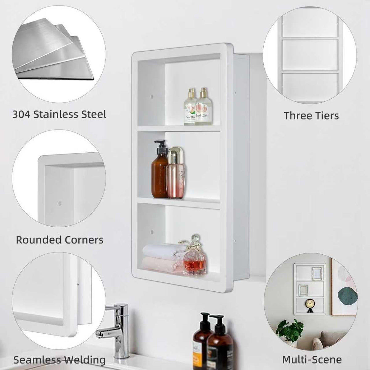 14x24 Matte White Stainless Steel Recessed Medicine Cabinet with 2 Shelves N237588
