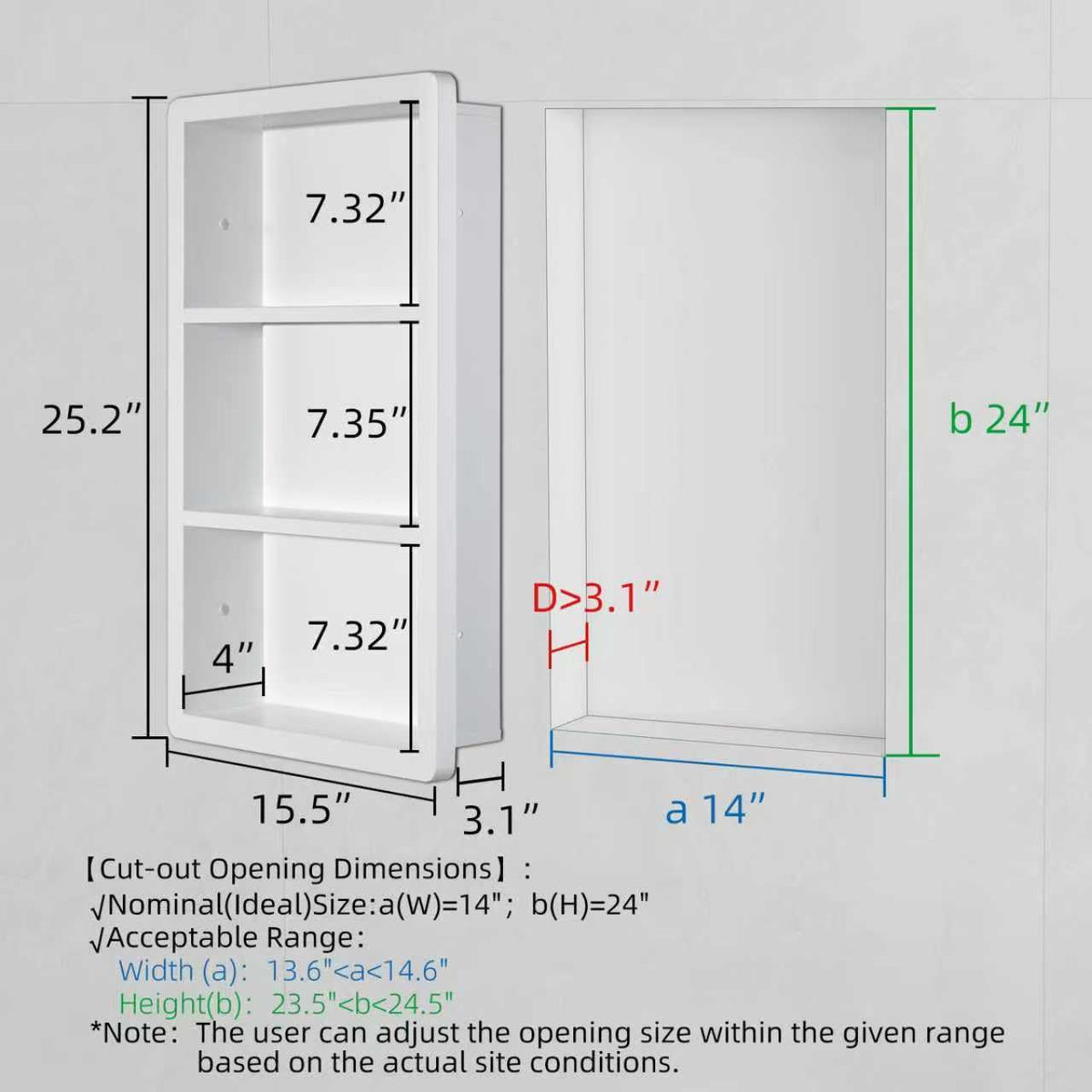 14x24 Matte White Stainless Steel Recessed Medicine Cabinet with 2 Shelves N237588