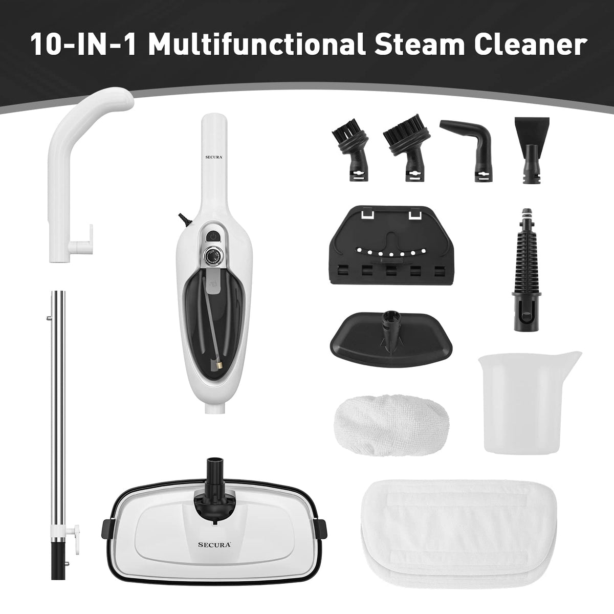 White 10-in-1 Detachable Steam Mop with 3 Microfiber Pads W59913