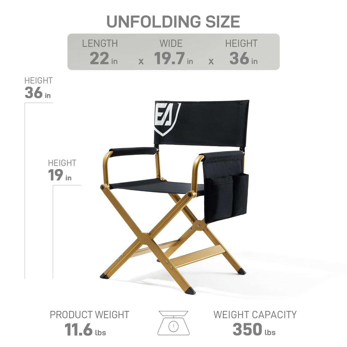 Aluminum Folding Directors Chair 19" Seat Height Black Fabric Golden Frame H14165