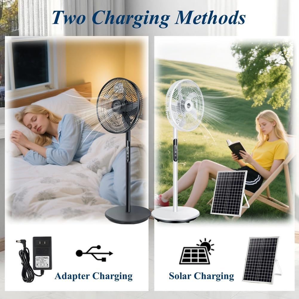 Oscillating Pedestal Fan with Remote, Solar Rechargeable, 3 Speeds, 16in, White E270