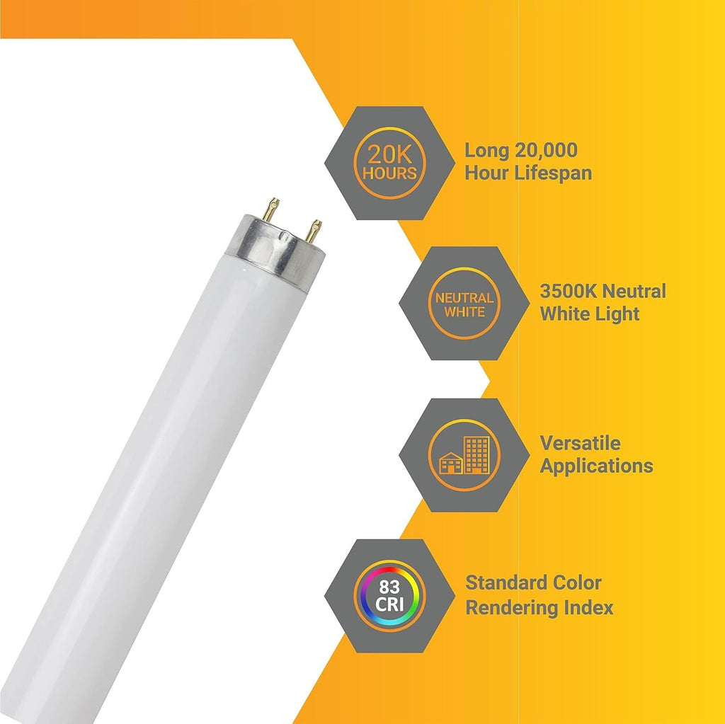 25W 2300 Lumen 3500K Neutral White T8 Fluorescent Tube Light Bulb Pack of 30 C21720