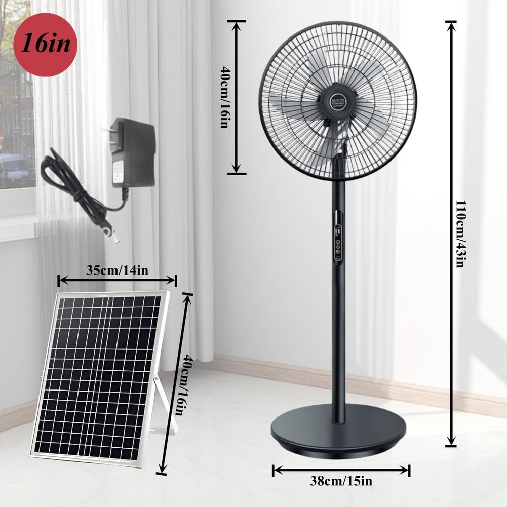 Oscillating Pedestal Fan with Remote, Solar Rechargeable, 3 Speeds, 16in, White E270