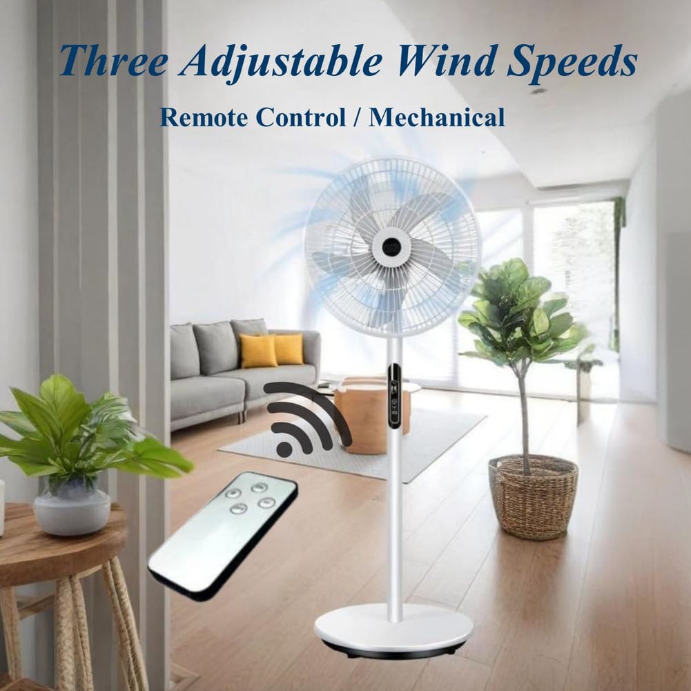 Oscillating Pedestal Fan with Remote, Solar Rechargeable, 3 Speeds, 16in, White E270