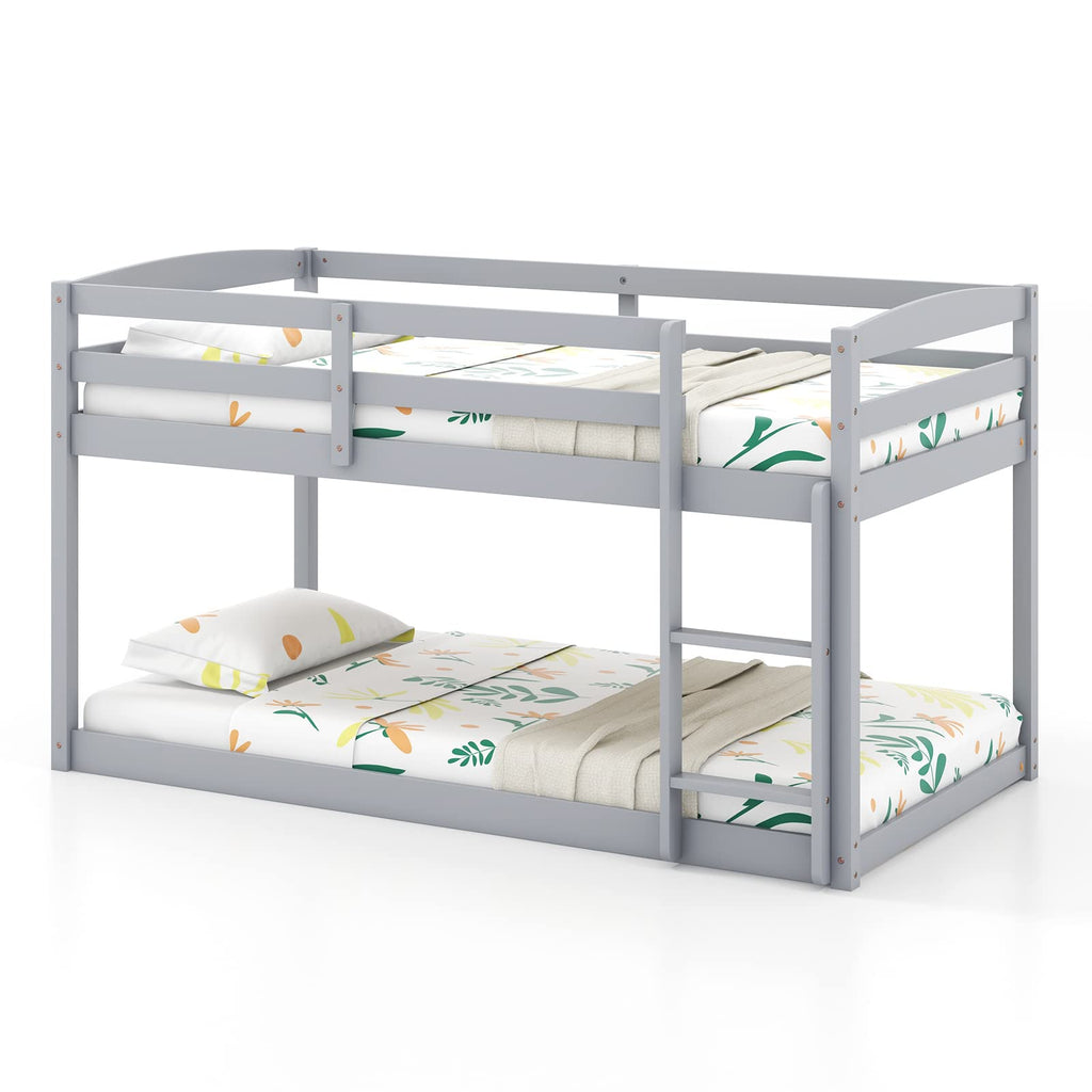 Twin Over Twin Solid Wood Low Bunk Bed with Ladder and Guardrails C84253