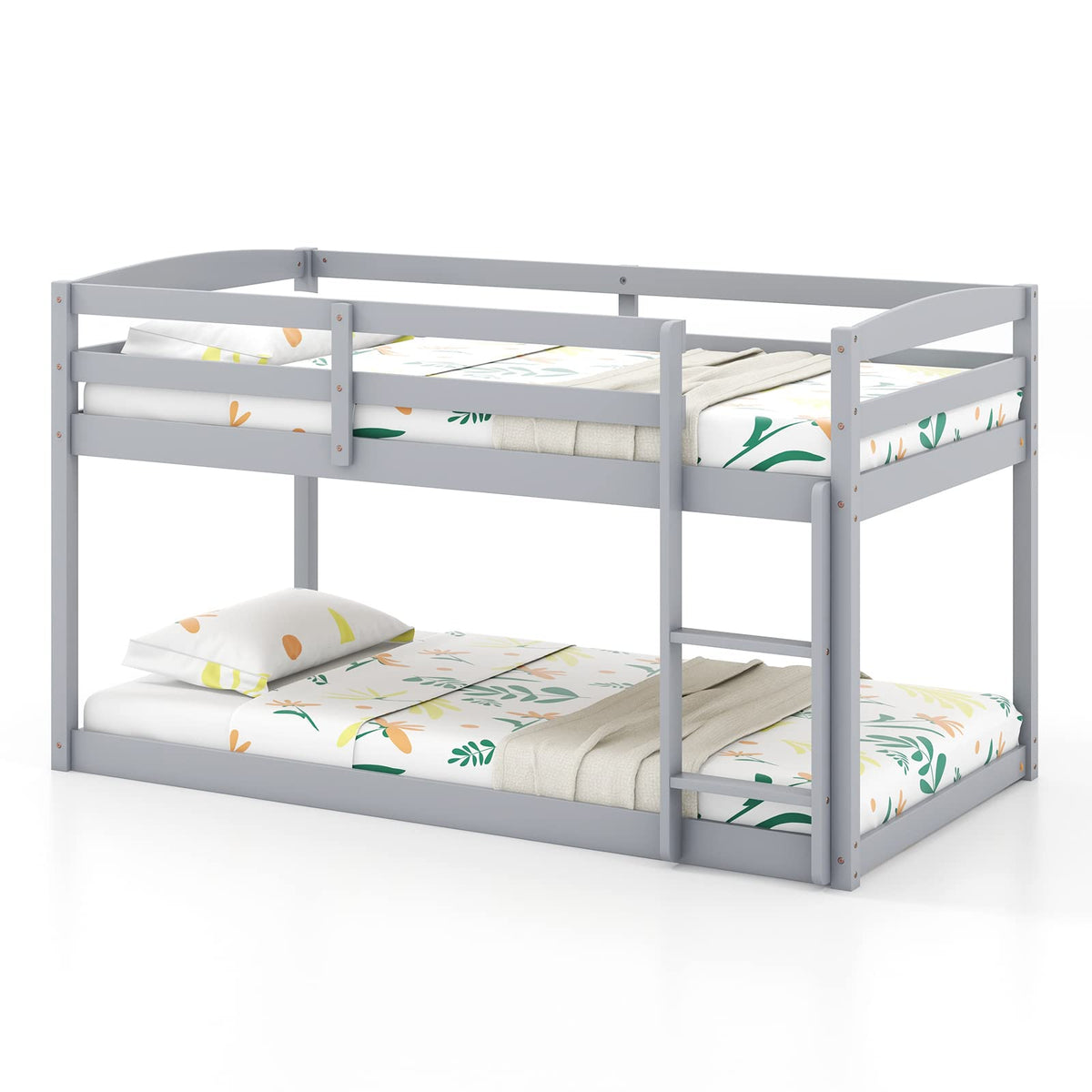 Twin Over Twin Solid Wood Low Bunk Bed with Ladder and Guardrails C84253