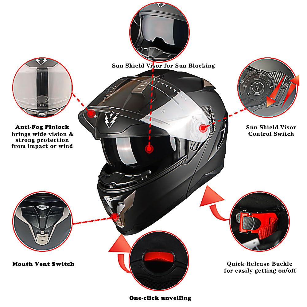 Motorcycle Modular Full Face Helmet DOT Adults Flip up Dual Visor T38189