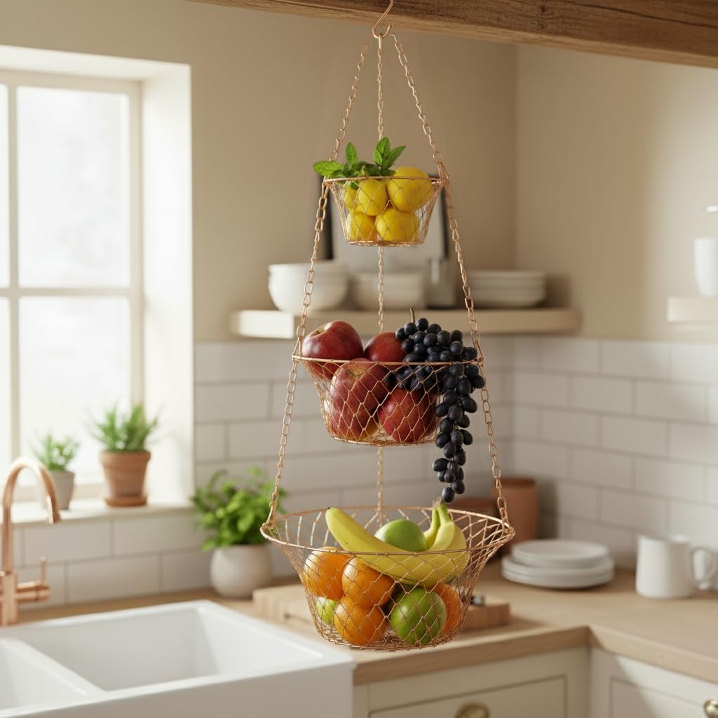 3 Tier Heavy Duty Wire Fruit and Vegetable Basket with Hooks Z678881