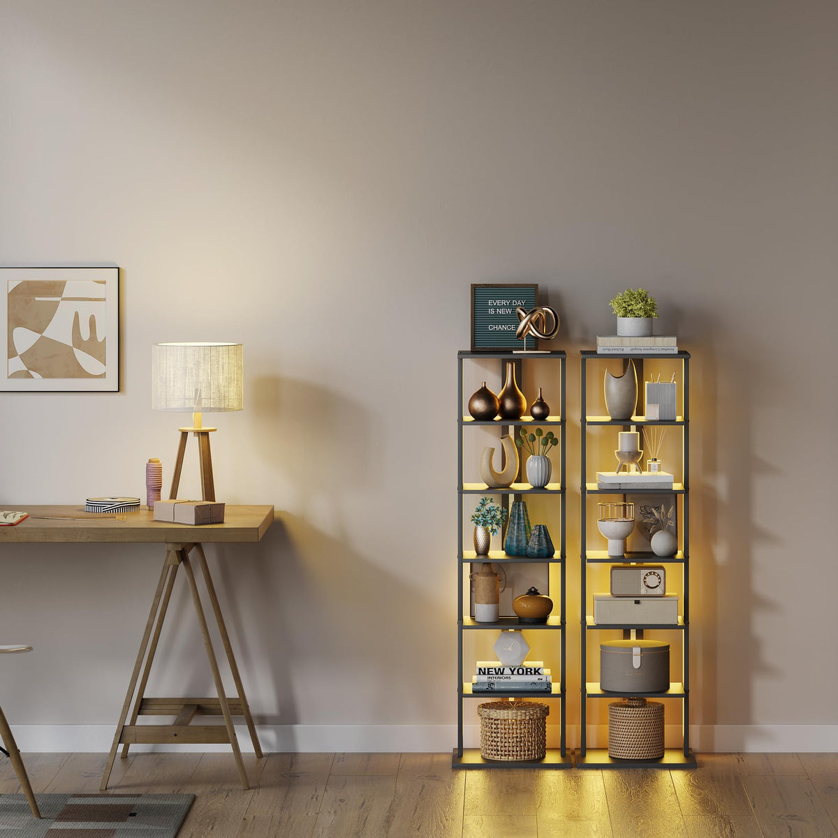 Black 7-Tier Narrow Bookshelf with LED Lights B707973