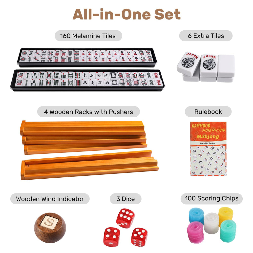 166 White Tiles Mahjong Game Set with Wooden Racks and Carrying Bag G604055