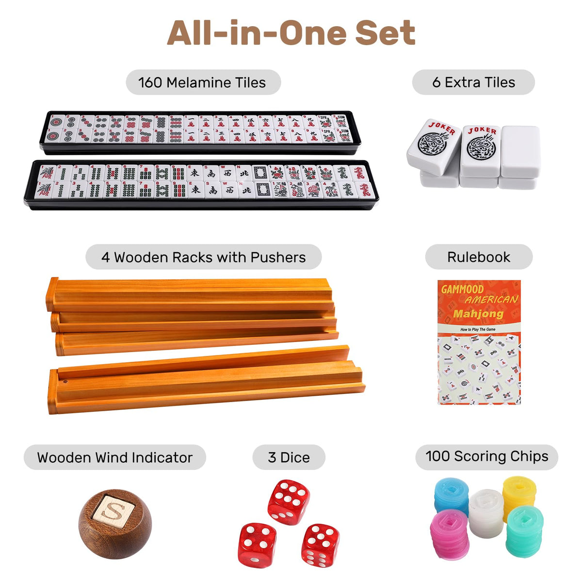 166 White Tiles Mahjong Game Set with Wooden Racks and Carrying Bag G604055