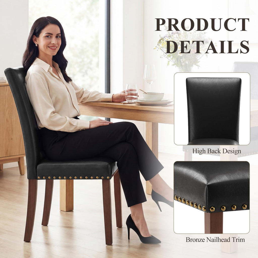 Black Leather Dining Chairs Set of 2 with Wood Legs S823801