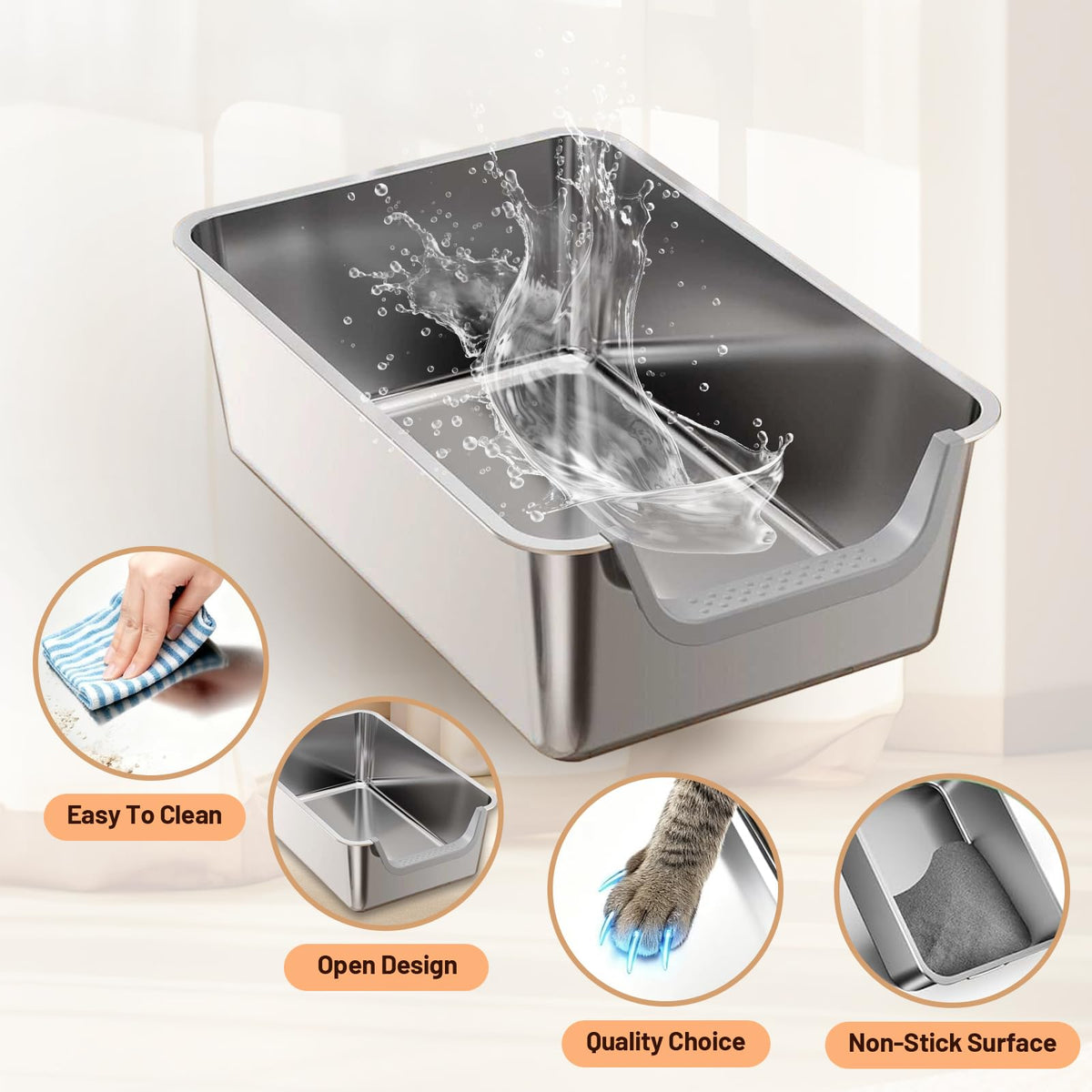 Stainless Steel Cat Litter Box with Low Entry L976455