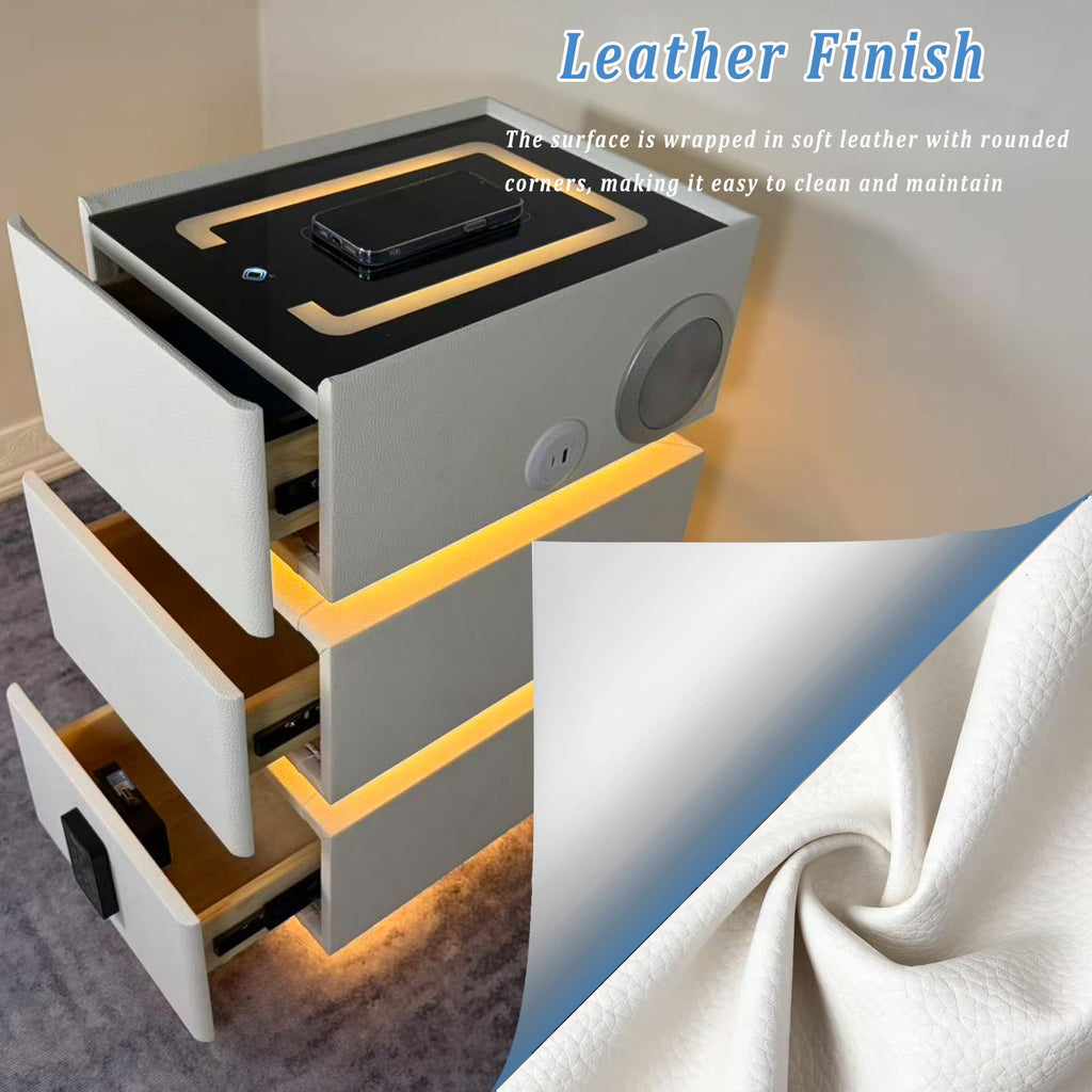 White 3 Drawer Faux Leather Nightstand with Charging Station T512