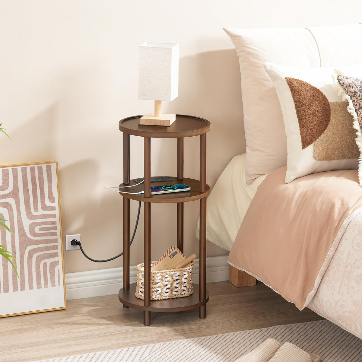 Set of 2 Round Bamboo Side Tables with Charging Station O320