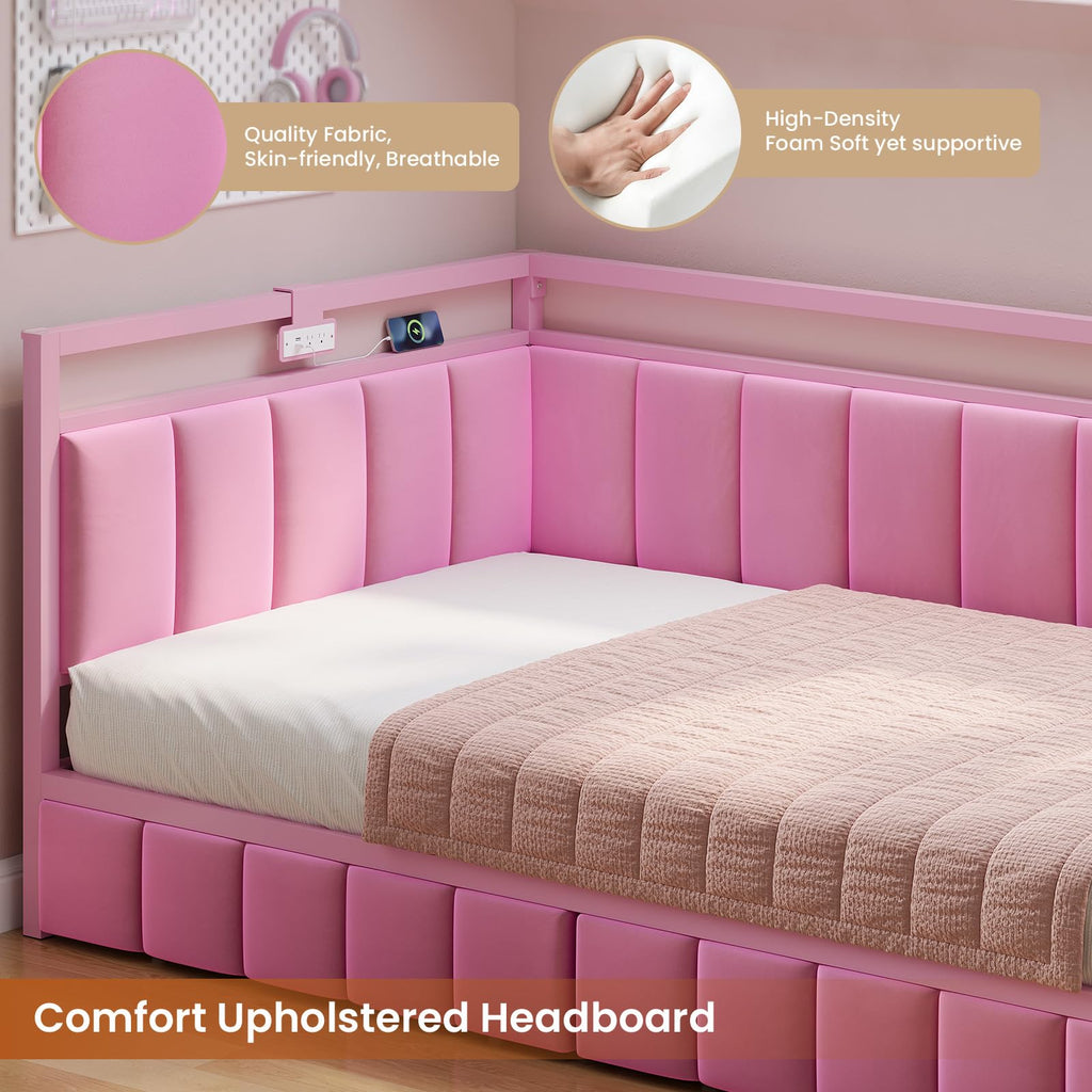 Pink Twin Size Corner Bed Frame with Storage Drawers A153