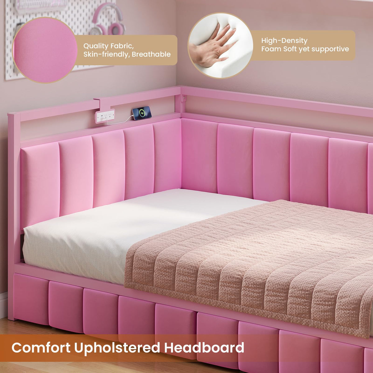 Pink Twin Size Corner Bed Frame with Storage Drawers A153