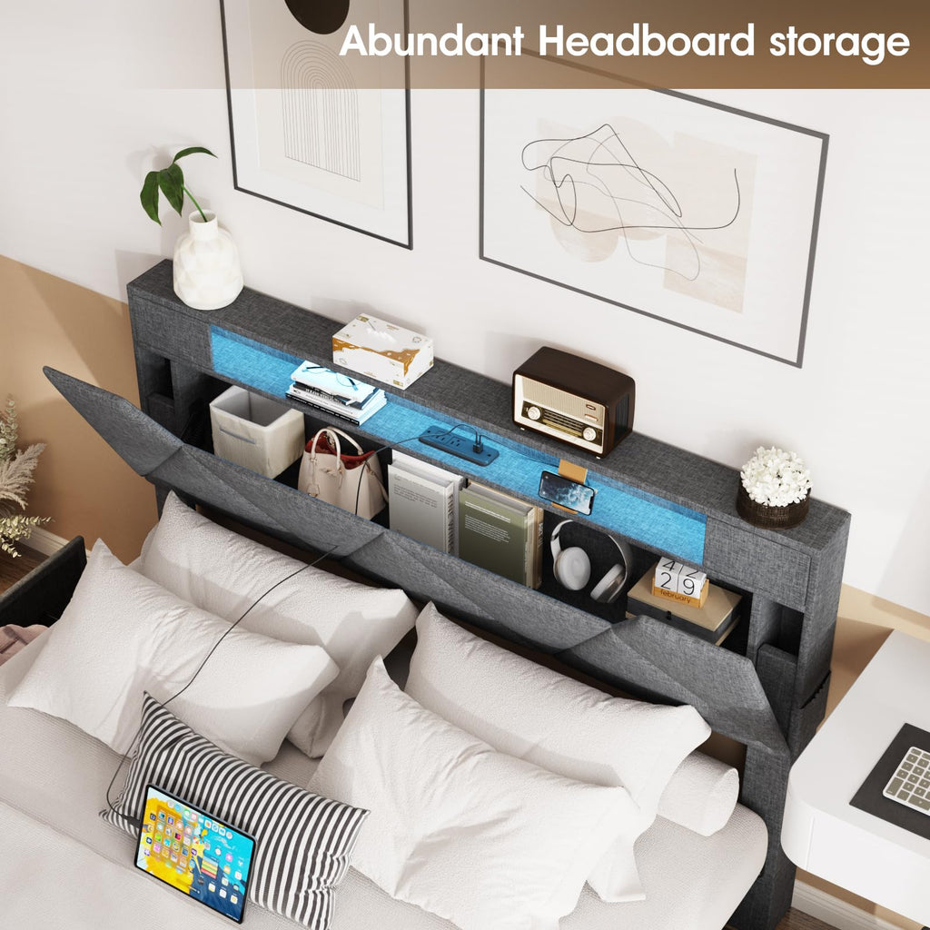 Full Size Upholstered Platform Bed Frame with Storage Headboard and 4 Drawers R819772