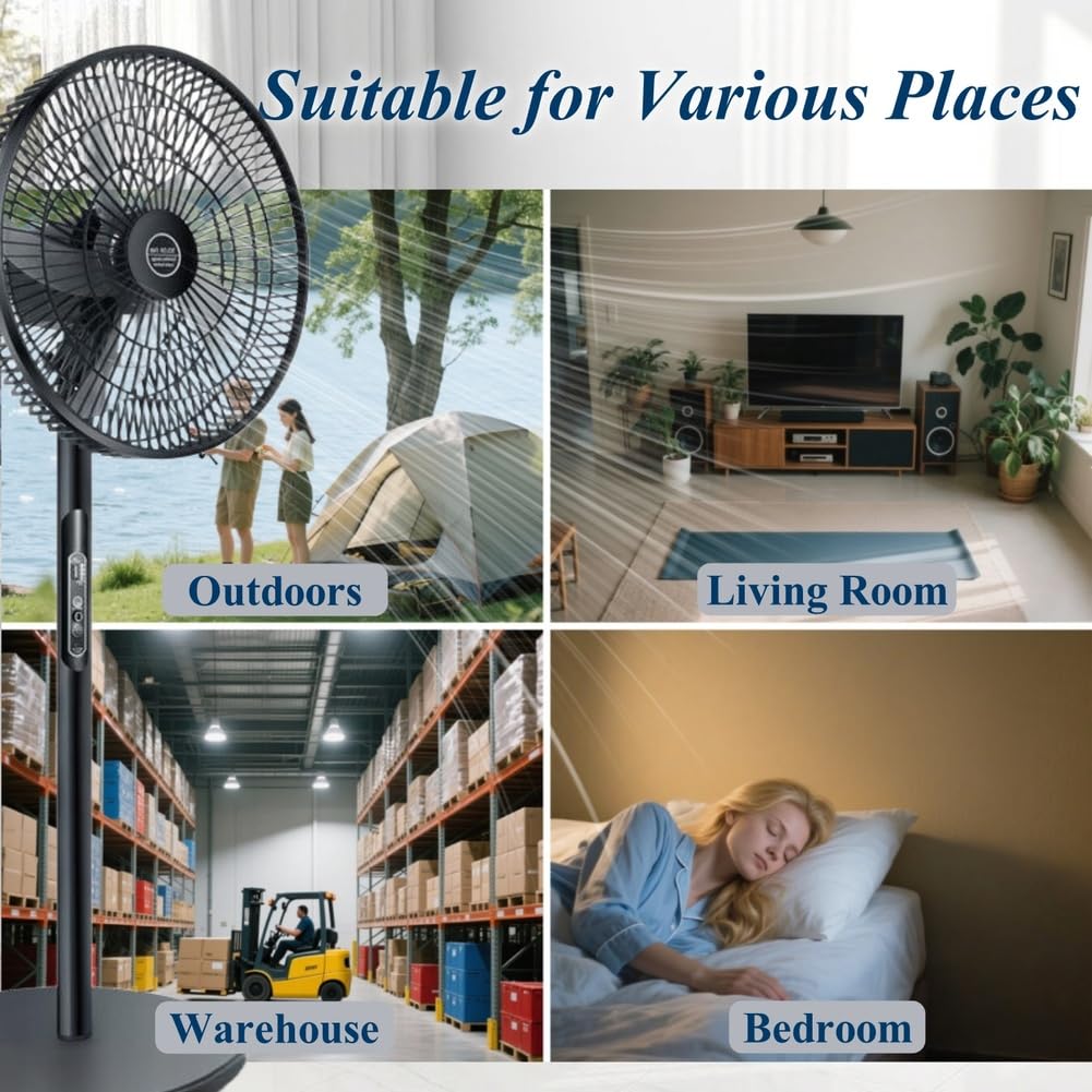 Oscillating Pedestal Fan with Remote, Solar Rechargeable, 3 Speeds, 16in, White E270