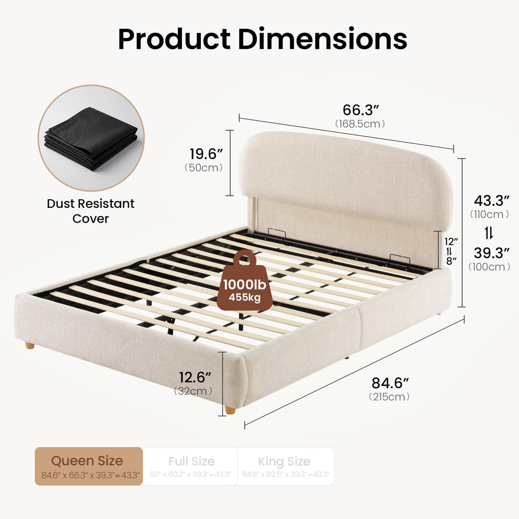 Queen Lift Up Storage Bed Frame with Adjustable Headboard, Beige P314