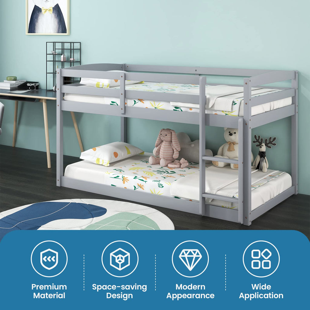Twin Over Twin Solid Wood Low Bunk Bed with Ladder and Guardrails C84253