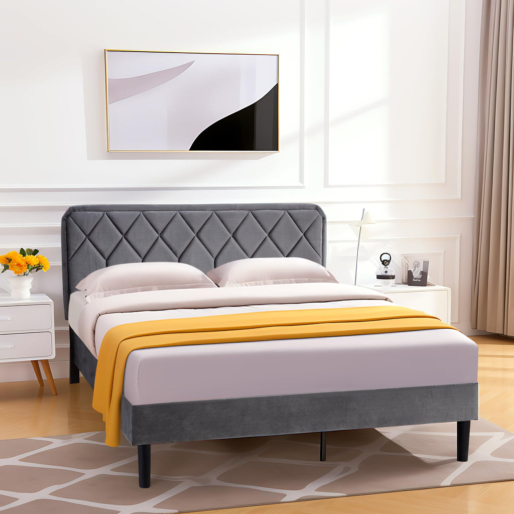 Queen Size Velvet Upholstered Platform Bed Frame Y828