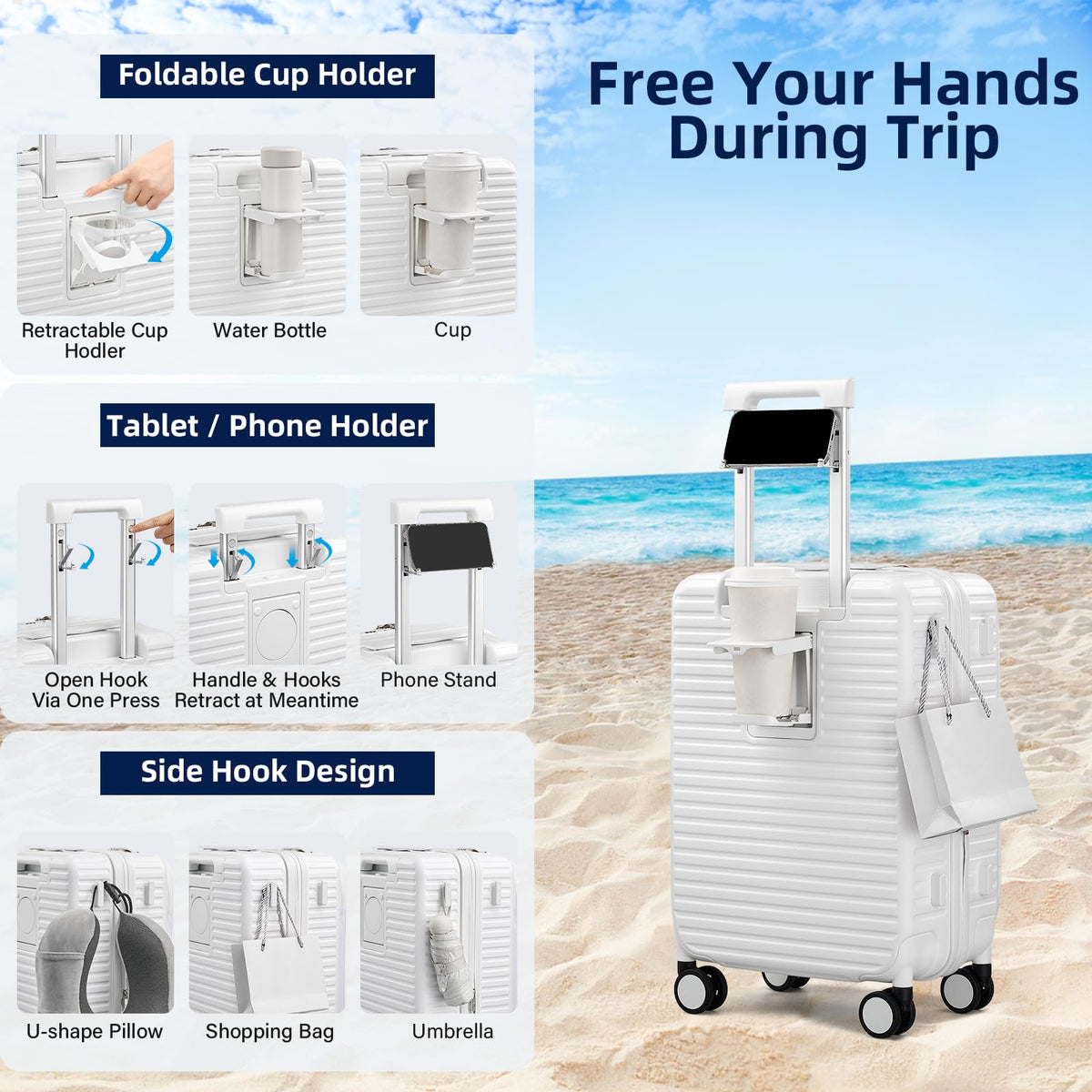 20 Inch White Hard Shell Carry on Luggage with Wheels N15651