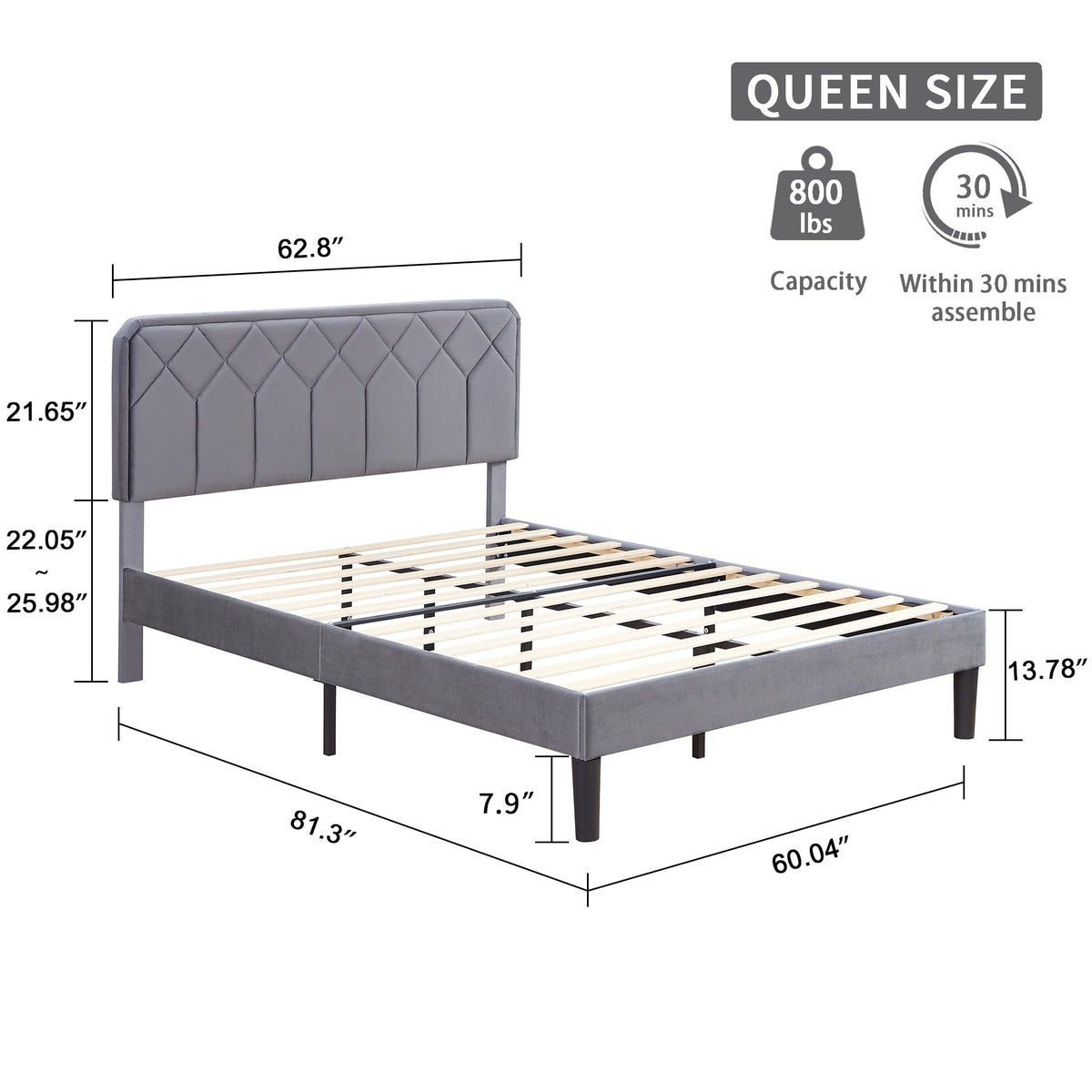 Queen Size Velvet Upholstered Platform Bed Frame Y828