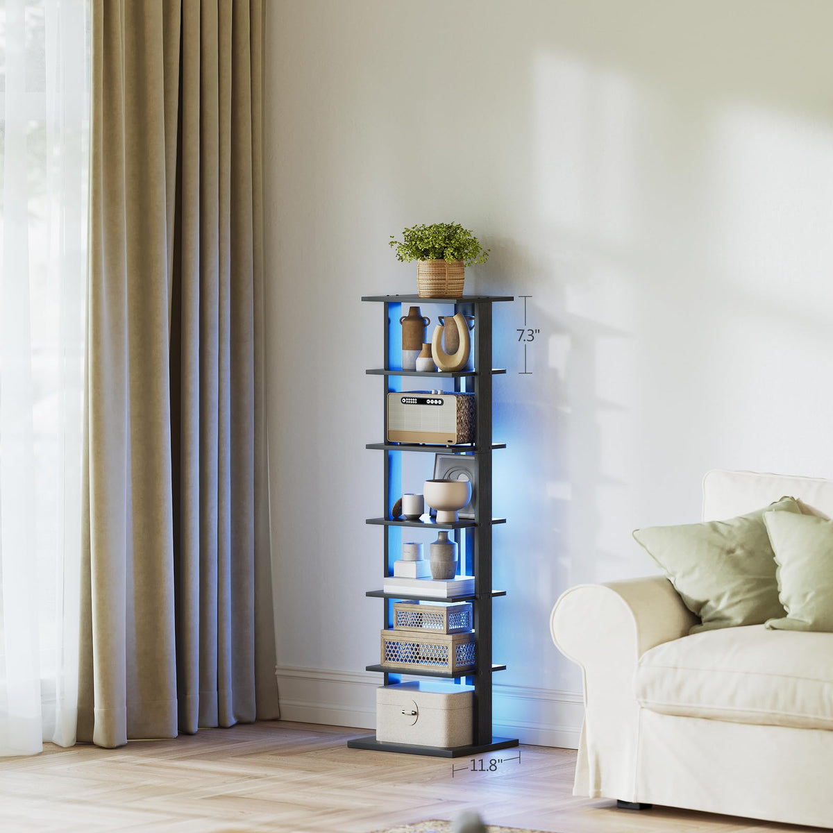 Black 7-Tier Narrow Bookshelf with LED Lights B707973