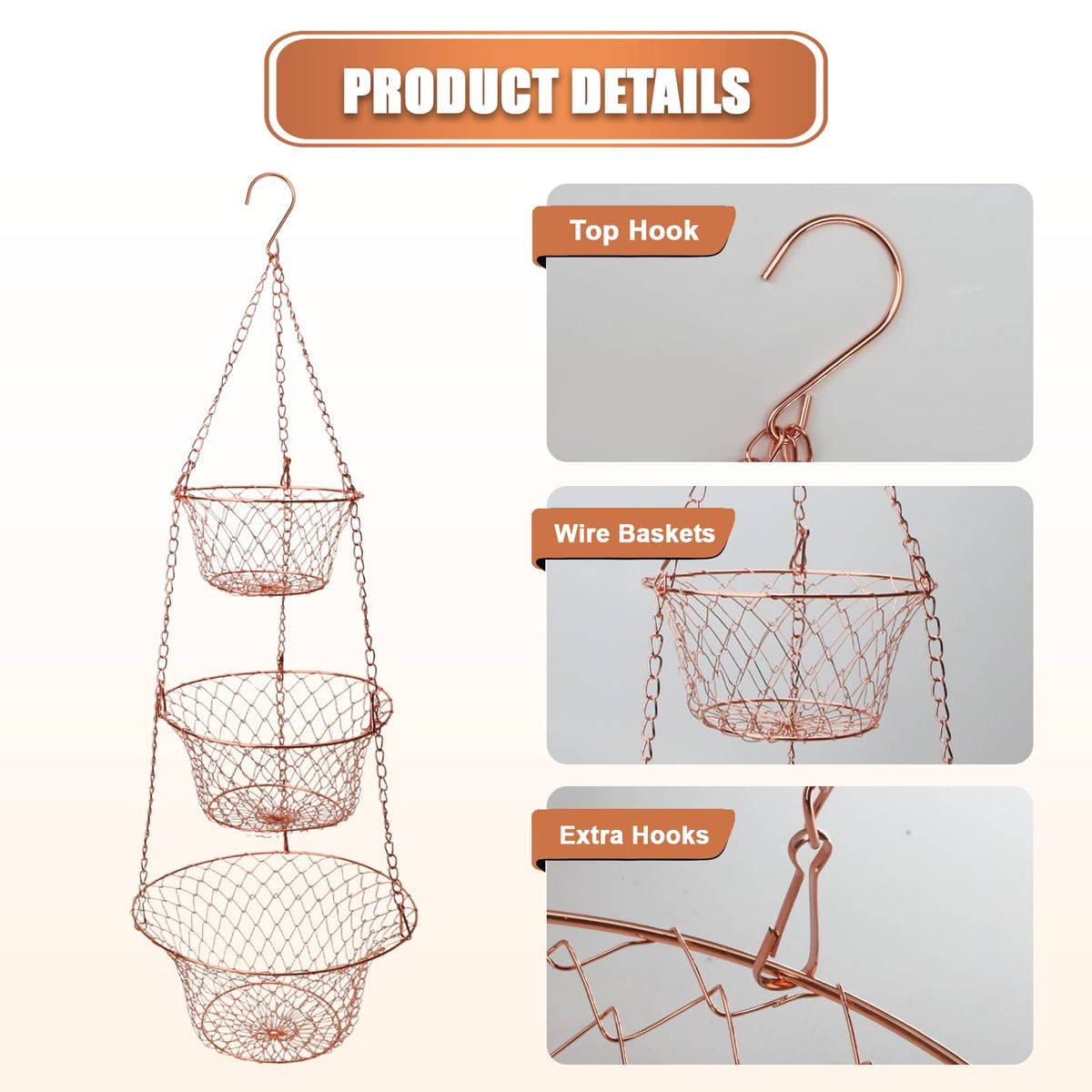 3 Tier Heavy Duty Wire Fruit and Vegetable Basket with Hooks Z678881