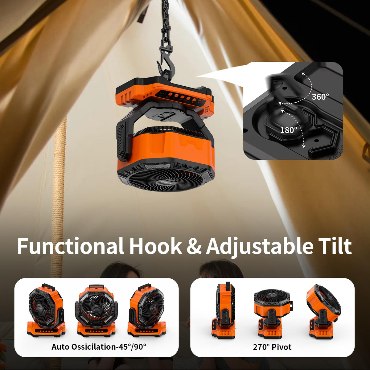 40000mAh Rechargeable Portable Camping Fan with Light & Timer A780988