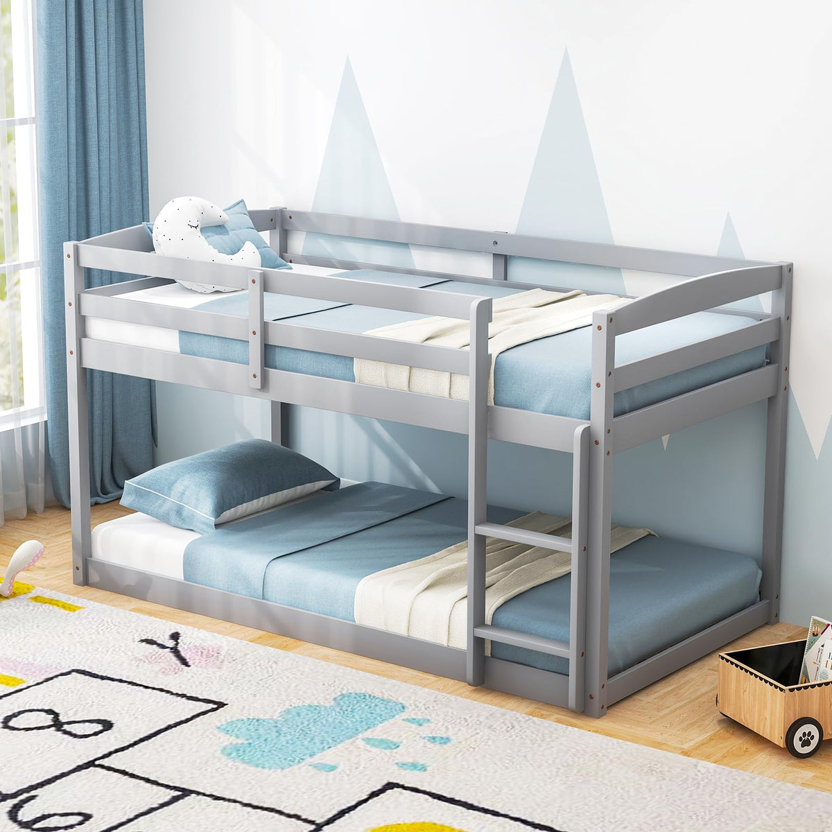 Twin Over Twin Solid Wood Low Bunk Bed with Ladder and Guardrails C84253