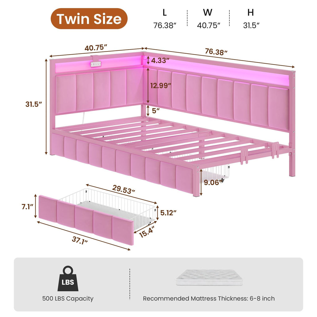 Pink Twin Size Corner Bed Frame with Storage Drawers A153