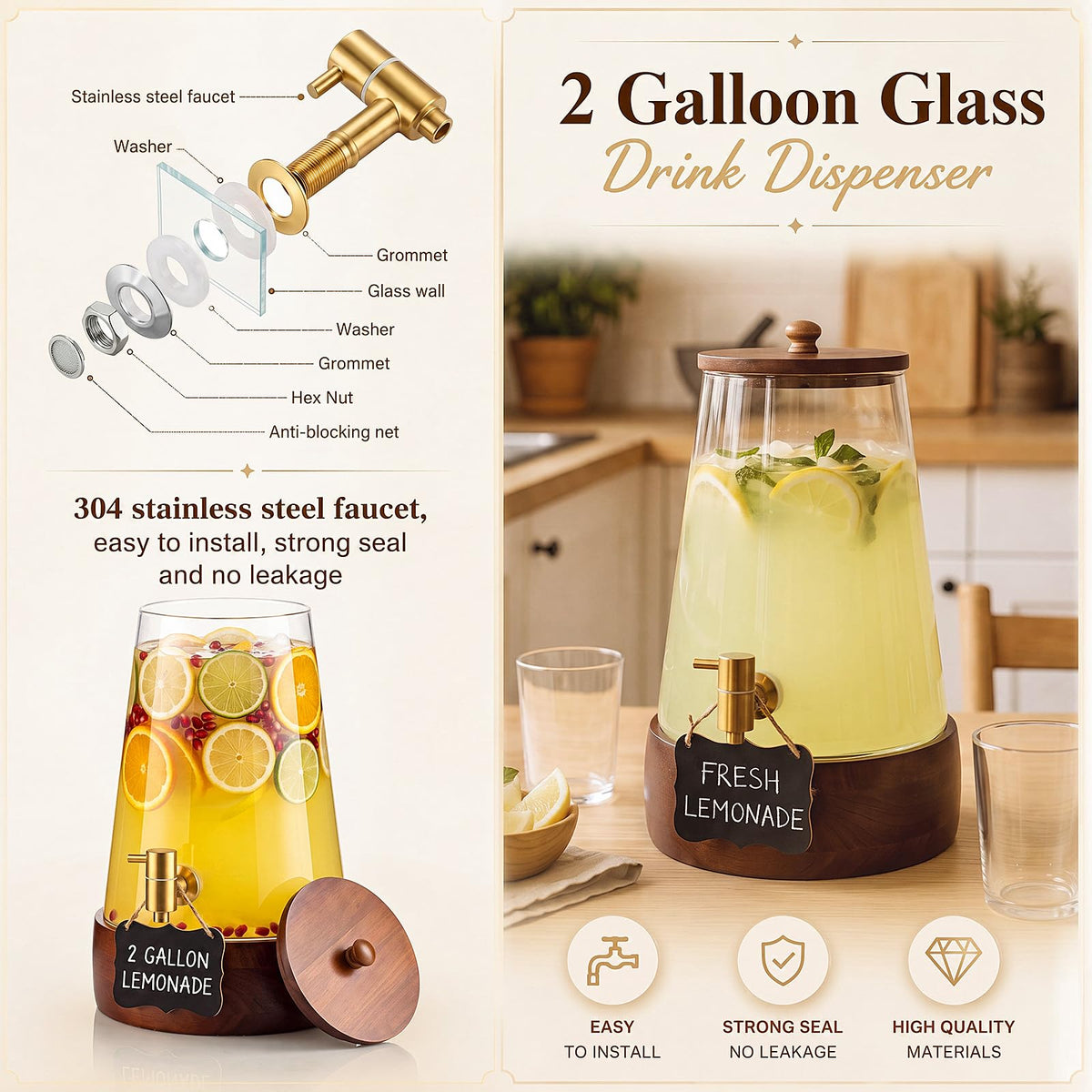2 Sets 2 Gallon Glass Drink Dispenser with Wooden Base Stand X765