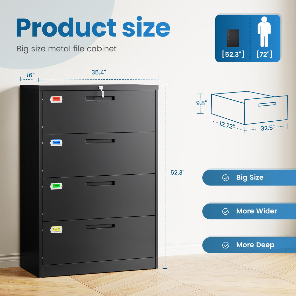 4 Drawer File Cabinet with Lock, Black X43265
