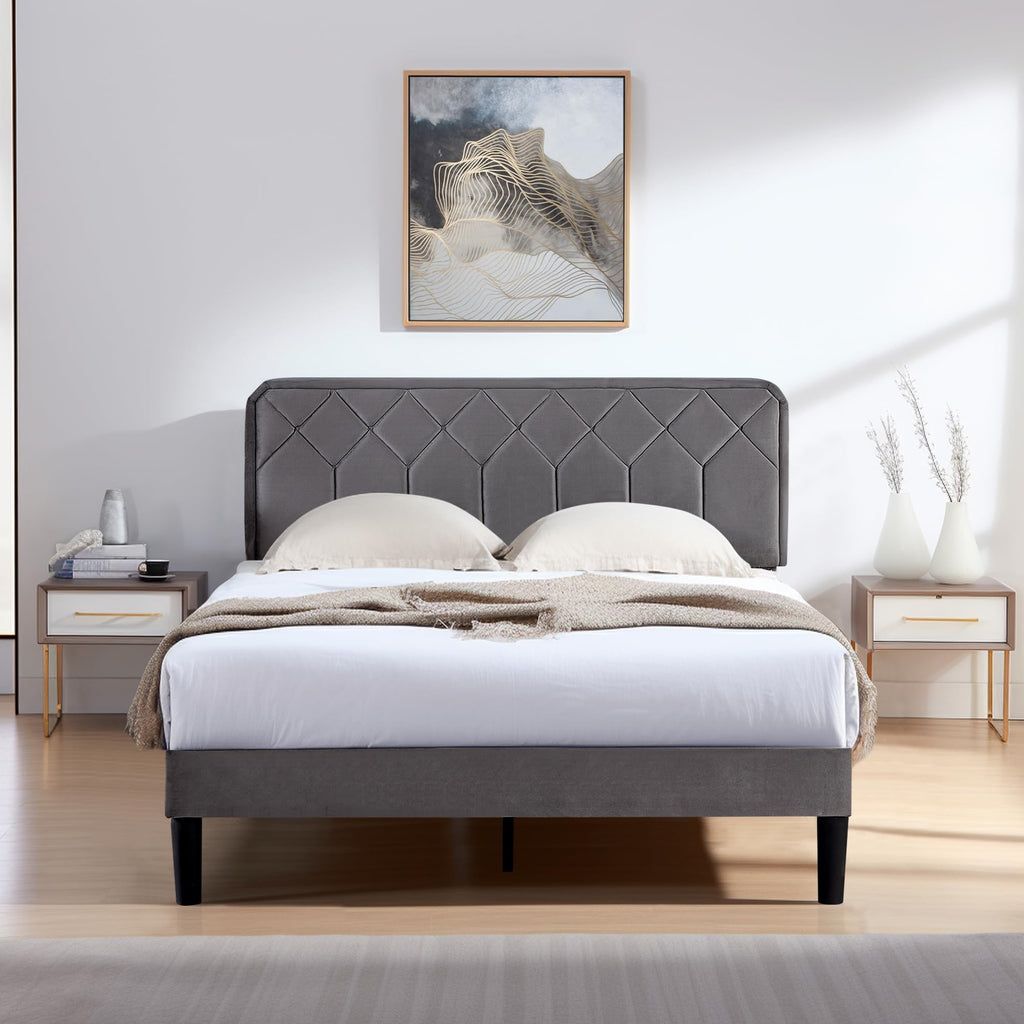 Queen Size Velvet Upholstered Platform Bed Frame Y828