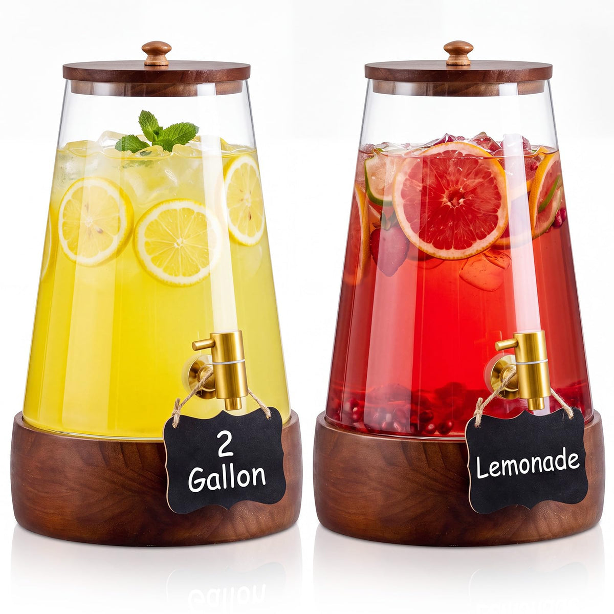 2 Sets 2 Gallon Glass Drink Dispenser with Wooden Base Stand X765