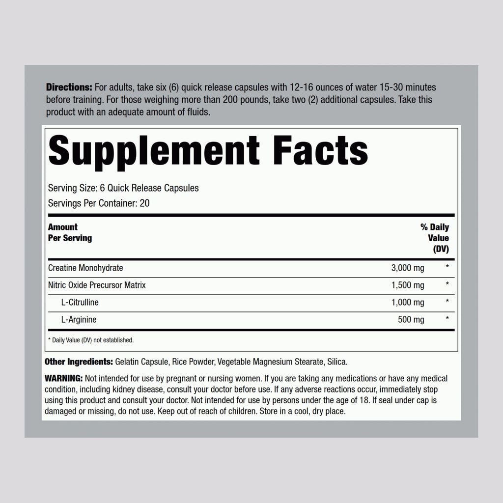 Creatine Monohydrate Capsules 3000mg 120 Count K3142