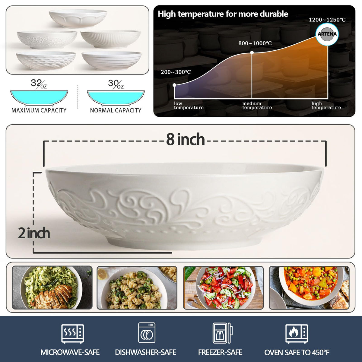 White Ceramic 32oz Pasta Bowls Set of 4 R2299