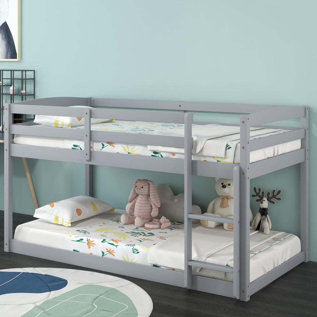 Twin Over Twin Solid Wood Low Bunk Bed with Ladder and Guardrails C84253