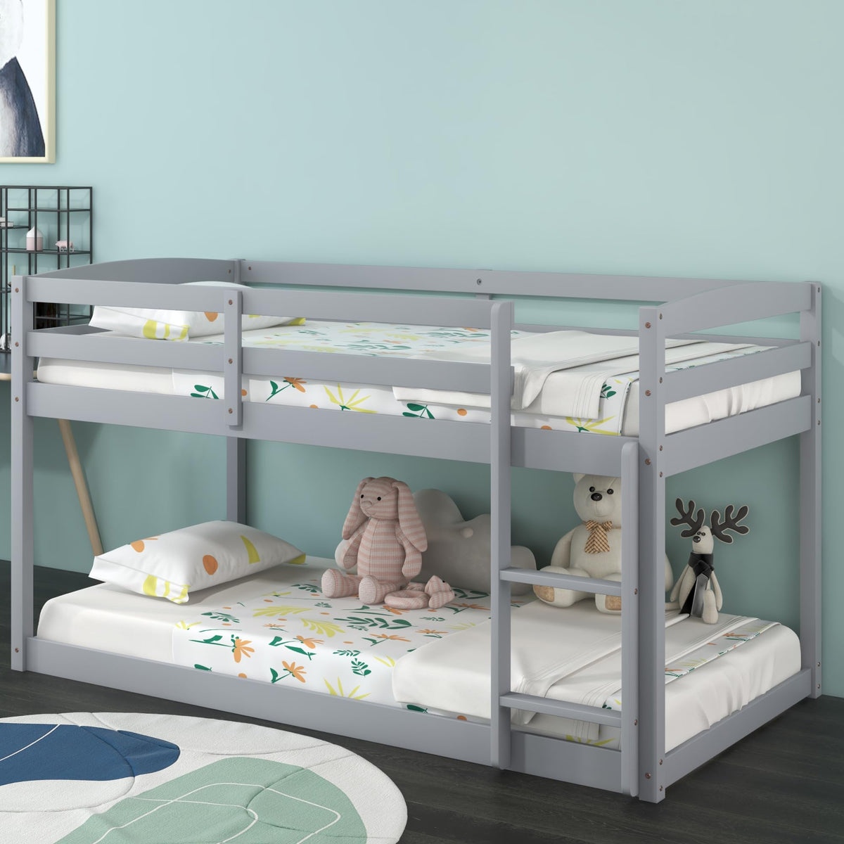 Twin Over Twin Solid Wood Low Bunk Bed with Ladder and Guardrails C84253