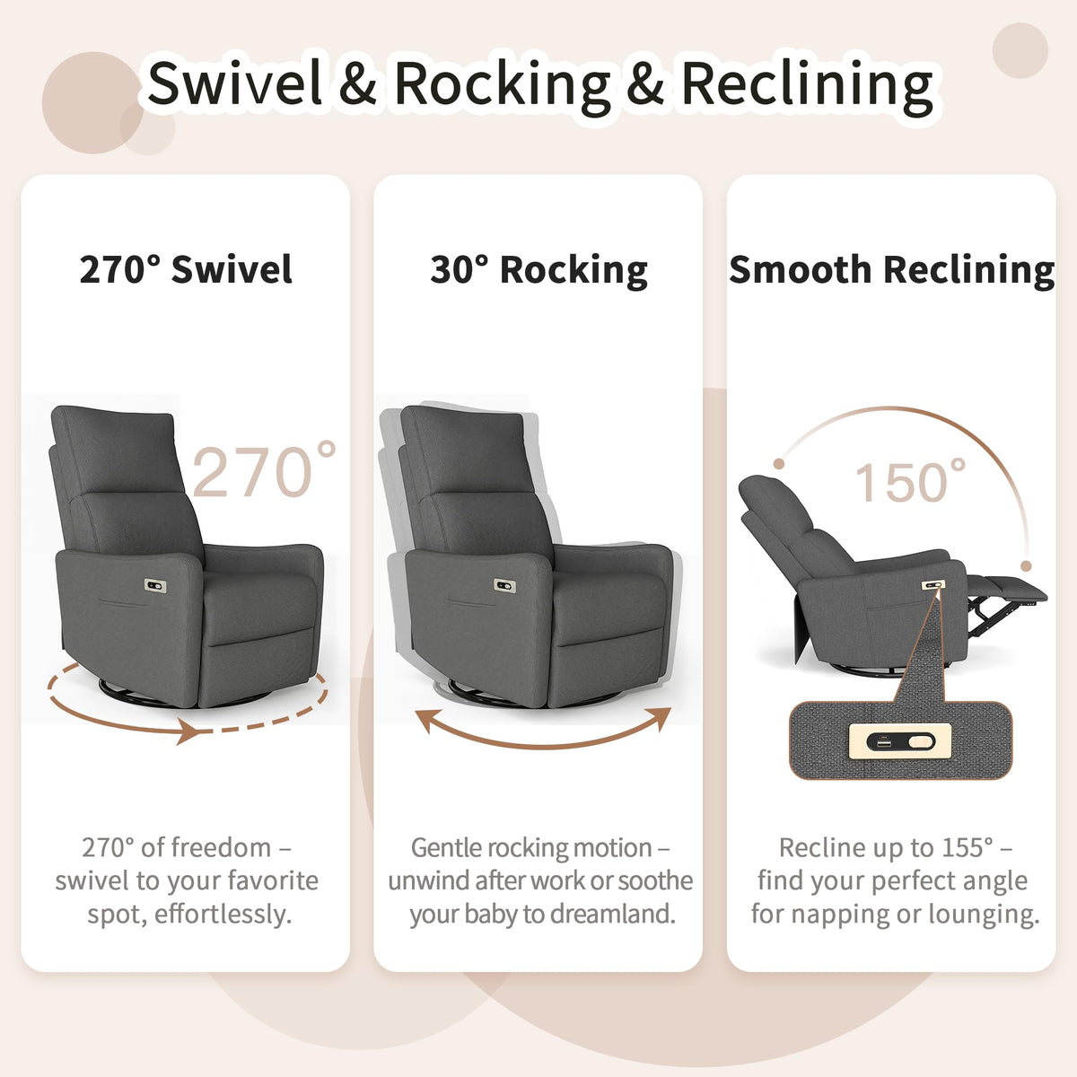 Dark Gray Velvet Swivel Rocker Chair L8329